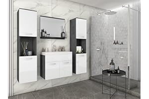 MINIO go for it MONAL1 - Badmöbel 4-Teilig Set I 2X Hängeschrank I Spiegel mit Regal I Schrank mit Waschbecken I Laminierte Spannplatte I Griffe und Beschläge aus Metall I Matera Weiß Hochglanz