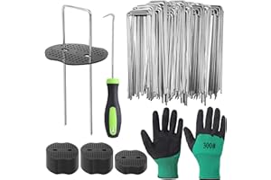 HuiCloud 50 Weed Control Membrane Pegs + 50 Buffer Washer, Heavy Duty Metal Ground Pegs Set with Hook and Gloves for Garden Landscape Weed Barrier Cover Artificial Grass Pins Ground Moss Fabric