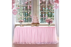 Suppromo Pink Tulle Table Skirt - Rectangle or Round, 9ft x 30in, Perfect for Princess, Baby Shower, Girl Birthday Party, Cake & Dessert Decorations