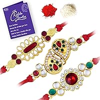 Sukkhi Glorious Gold Plated Kundan Rakhi Combo (Set of 3 Rakhi's) with Roli Chawal and Raksha Bandhan Greeting Card For…