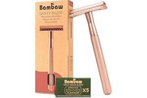 Bambaw Maquinilla de Afeitar Mujer, Incluye 5 Hojas de Afeitar Doble Filo de Acero Inoxidable Sueco, Cuchilla Depilar Mujer de Metal, Uso Fácil y Seguro, Apta para Todo Tipo de Pieles (Oro Rosa)