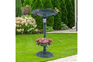 GYMAX Bird Bath, Leaf Shaped Pedestal Bird Feeder Station with Solar Powered Light, Flower Planter and Fillable Stand, Freestanding Birdbaths for Outdoor Hotel Garden (Bronze)