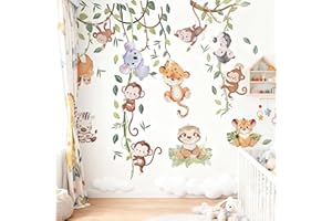 ZIYONIX Stickers Muraux Animaux de la Jungle Tropicales Feuilles Branche Autocollant Lion Singe Léopard Koala Zèbre Mural Décoration Murale pour Chambre Enfants Bébé Pépinière Salon