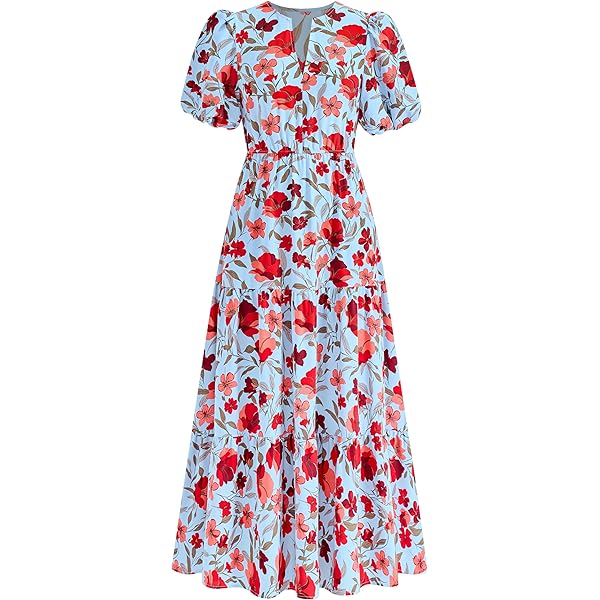 Women's 2025 Casual Boho Maxi Dress With Pockets - Floral Ruffle Tiered Beach Sun Dress