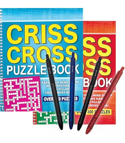 Ihoot Spiral Criss Cross Puzzle Books & Pens Bundle | 2x Books + 4 Pens | Adult Word Games & Crosswords