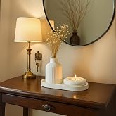 Beyaz Seramik Vazo, Tealight Mumluk ve Dekoratif Tepsi Seti - Beyaz Minimal Tasarım