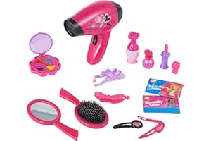 Baroni Toys Kit de Jouet de Coiffeur pour Filles 14 Accessoires, Jeu de Coiffure Sèche-Cheveux Miroir Brosse Maquillage pour Filles, Jeu de Coiffure pour Enfants 3 4 5 6 7 Ans