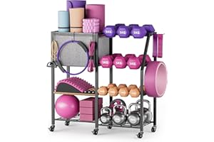 Bikoney Support de Haltères avec Rangement Tapis de Yoga – Rack de Poids pour Salle de Sport à Domicile, Support de Barre avec Étagères pour Disques, Organisateur Fitness pour Rouleau en Mousse