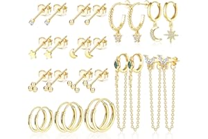 JeweBella 13Paires Petite Boucles d'Oreilles Femme Acier Chirurgical Hypoallergénique Étoile Lune Cartilage Boucles d'oreilles Creoles Pendantes avec Chaîne Lot Boucles d'oreilles Or Argent