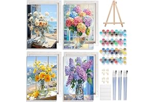 NAIMOER 4 Pièces Fleurs de Vase Peinture par Numéros pour Adulte avec Cadre Chevalet, Paysage Fleurs de Fenêtre Peinture Numéros Enfants, Cadeaux Décoration Maison 20x30cm