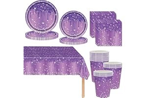 MIENOCOL Lila Partygeschirr, 81 Stück Diamant Pappteller Set Mit Pappbecher, Servietten Und Tischdecke - Bling Geburtstag Party Geschirr, Tischdekoration Für Hochzeitsfeiern