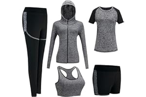 ODWTMRK Tenue de Sport Survêtement Femme Ensembles Sportswear 5 Pièce Costumes de Sport Gym Yoga Athletisme Fitness Jogging Survêtement