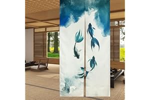 LIGICKY Chinese Ink Style Long Japanese Noren Doorway Curtain Linen Koi Fish Printed Asian Window Treatment Hanging Door Tapestry for Sushi Kitchen Home Decoration 85 x 180 cm