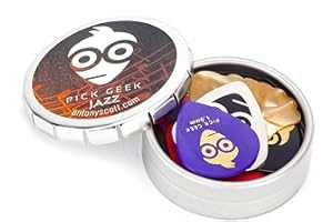 Pick Geek Jazz | 18 Cool Custom Assorted Guitar Picks Plectrums Set for your Electric, Acoustic, or Bass Guitar | X Heavy, Heavy, Medium, & Thin Light | Presented in a Luxury Designed Metal Pocket Box