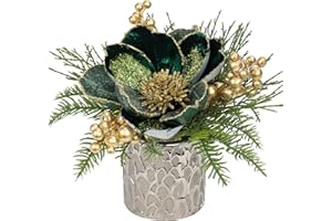 ‎BRIFUL Kunstpflanze Weihnachtsdeko Künstliche Pflanze Magnolie Gestecke Weihnachtsarrangement im Keramiktopf mit Tannenzweig Kugeln Berries Tannenzapfen, Dekopflanze Zimmerpflanze Tischdeko