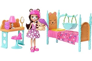 Enchantimals Coffret La Chambre de l'Ours, Mini-poupée Bren Ours et Figurine Animale Snore avec lit et accessoires, jouet enfant, FRH46