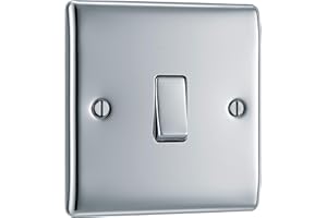 BRITISH GENERAL BG Electrical Single Wall Light Switch, 2 Way, Raised and Slim Profile, Round Edges, Nexus Metal, Polished Chrome, 20A, 16AX, NPC12