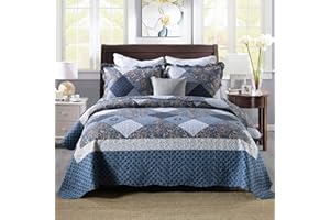 Qucover Pikowane narzuty na łóżko king size niebieski dwustronny patchworkowy wzór narzuta na łóżko i poduszkę poszewki lekkie miękkie narzuty narzuta na łóżko podwójne 23 x 23 cm