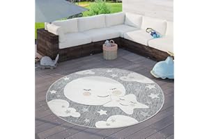 Paco Home Tappeto Bambini Cameretta Per Esterno Rotondo Da Gioco Ragazzo Ragazza, Dimensione:Ø 120 cm tondo, Colore:Grigio