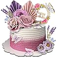 Azonee 17 PCS Flower Cake Toppers Butterfly Cake Decorations Happy Birthday Cake Toppers with Artificial Purple and Pink Rose Eucalyptus for Birthday Party Wedding Baby Shower Supplies (Purple)