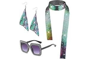 HEAWAA 3 Pièces d'Accessoires de Disco Costume de Disco des Années 1970 Disco Ensemble de Bijoux Pour Femmes 70s Fringes Collier Boucles d’oreilles Lunettes de Soleil Carrées en Strass Fête d'anniversaire