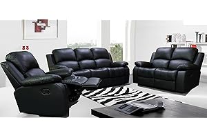 UK Leisure World RECLINER BLACK SOFA SUITES SETTEE GRAY FABRIC 3 2 1 SEATER ARMCHAIR FAUX LEATHER
