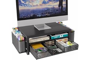 BOKIOVIN Metall Monitor Ständer Erhöhung Schreibtisch mit Schublade und 2 Stifthaltern, Laptop PC Erhöhung für Schreibtisch, 2 Etagen Schreibtisch Büro Zubehör Organizer(Schwarz)