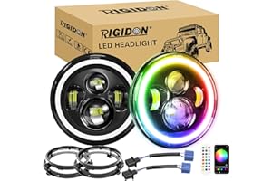 RIGIDON 2x 7 50W Phare Auto Moto LED Avec Anneau de Montage, Phare de Travail 5000LM, Blanc RGB 4 Modes Eclairages Rond Feux LED Off Road Feu DRL HI LO Beam pour Wrangler JK TJ LJ CJ JP Hummber