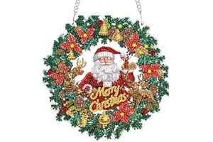 MXJSUA Corona De Navidad Con Papá Noel Diamond Painting Colgante Kit, DIY Pintura de Diamante Adultos, Colgante Cuadro de Diamantes Ornaments para Principiantes Pared Ventana Hanging Decoración