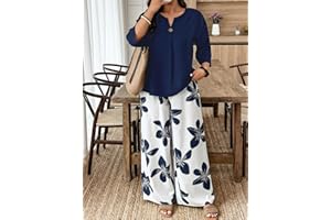 Set da 2 pezzi con top a maniche lunghe e pantaloni a gamba larga con motivo floreale, camicetta tinta unita, pantaloni con stampa a foglie, per brunch casual e da indossare tutti i giorni