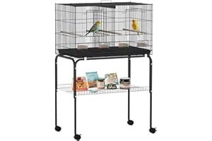 PawHut Jaula para Pájaros con Divisor Pajarera con Ruedas 4 Comederos 4 Perchas y Bandeja Extraíble Jaula para Loros Canarios Periquitos 76x46x116 cm Negro
