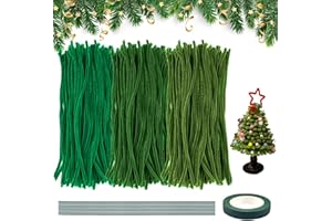 DEEPTON 3 Styles Green Pipe Cleaners for Craft, ABOUT 300 Pcs Cleaner Chenille Stem, 30cm Long Crafting Pipe Cleaners for Christmas Craft DIY, Pipe Cleaners with Tapes and Flower Stem for Christmas Tree