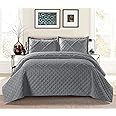Prime Linen Quilted Bedspread Embossed Pattern Comforter Coverlet Bedding Set Bed Throw With 2 Pillow Shams (Ruffle Grey, King)