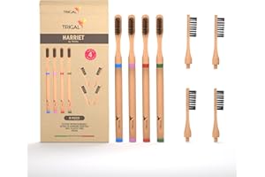 TRIGAL Spazzolino Bamboo Setole Morbide - Spazzolini Da Denti Legno Di Bambu Testine Intercambiabili, Setole Infuse al Carbone Attivo 100% Bio, Spazzolino Biodegradabile, Antimuffa, Vegan Ecologico