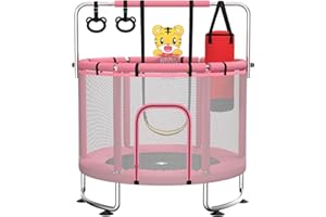 Maxbinton Trampoline pour Enfants 140 cm intérieur/extérieur – Charge maximale 50 kg avec Filet de sécurité, Barre de Gymnastique réglable et Panier de Basket, Cadeau pour garçons et Filles
