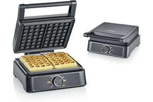 SEVERIN gofrera belga, revestimiento cerámico libre de PFA, con luz indicadora, práctico enrollador para el cable, 1.600 W, negro/acero inoxidable, WA 2130