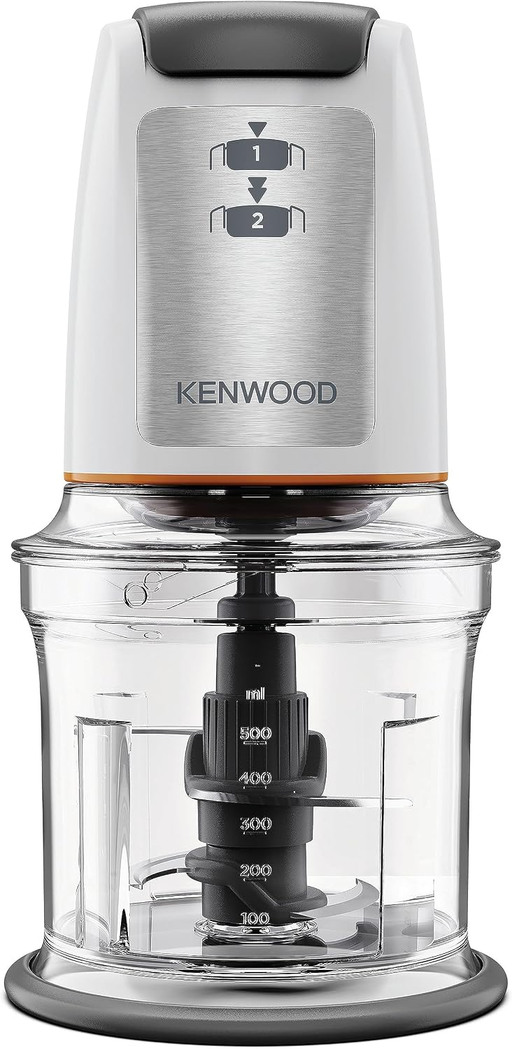 Kenwood Chopper CHP61.100WH, Potenza 500W, Ciotola da 0.5L, 2 velocità, Sistema a quattro lame, Anello antiscivolo per la stabilità del tritatutto, Lavabile in Lavastoviglie, Bianco/SIlver