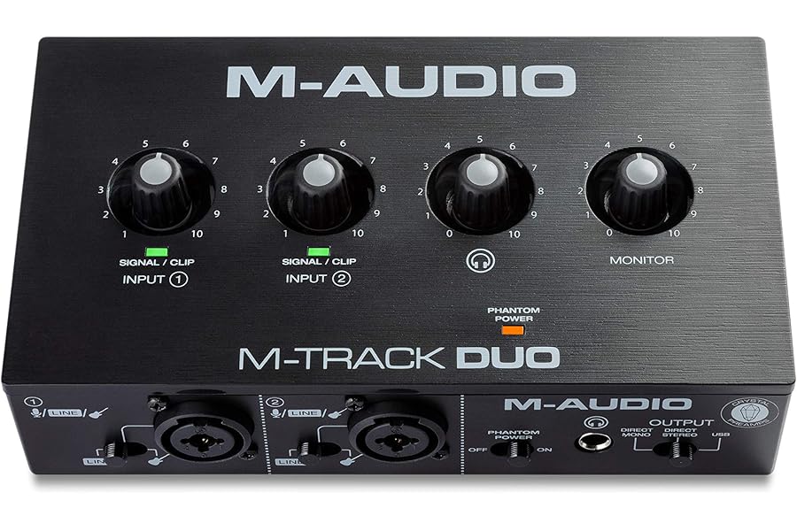 M-AUDIO M-Track Duo Interfaz Audio, Tarjeta de Sonido USB para Grabación, Transmisión, Podcasting con Entradas XLR, Línea y D