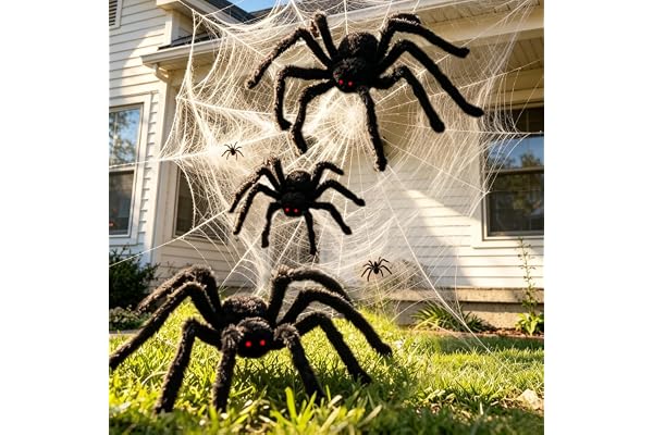 KUKUTrue® Set Jättespindel Halloween Dekoration | Stora Plyschspindlar 3 Storlekar med Elastiskt Spindelnät och Mini Spindlar för Spökhus Fest Inomhus Utomhus