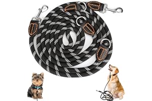 MOCOBO Smycz dla dużych i średnich psów – regulowana, podwójna smycz z nylonu, z 2 karabińczykami i 3 pierścieniami, 3 m x 15 mm, czarna