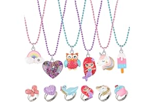 DERATTA Kids Jewellery Sets for Girls 12 PCs Necklaces and Rings Rainbow Unicorn Mermaid Party Bag Fillers Birthday Gifts Children’s Costume Jewellery Rings and Necklaces For Toddler Girls