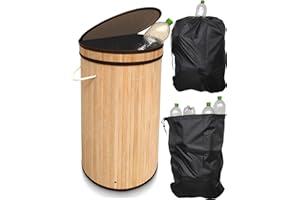 HANDFILL NEU Pfandflaschen Sammelbehälter aus Bambus incl. zwei Tragetaschen herausnehmbar - Flaschensammler Leergut für Pfandflaschen Aufbewahrung - Pfandbehälter 80 Liter