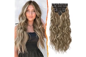 BARSDAR Clip en Extensiones de Cabello, 6 Piezas Largo Ondulado Highlight Balayage Postizos Clip en 50cm Rizado Natural Sintética Extensión de Pelo para Mujer (Cenizo Marrón & Rubio)