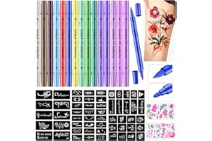 PFARRER Temporäre Tattoo Markers for Skin, Tattoo stifte für die haut 15 Body Markers + 64 Large Tattoo Stencils & 2 sheets Glow Stickers for Kids and Adults, Dual-End Tattoo Pens ZYH2310001KIT