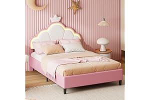 JULYUE Lettino imbottito 140 x 200 cm per bambini, Letto a Corona per Principessa con LED, letto per adolescenti con testiera regolabile in altezza e rete a listelli, Senza Materasso (Rosa, 140 x 200 cm)