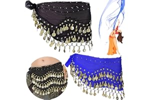 BENATON 2 Stück Chiffon Hüfttuch Bauchtanz Gürtel Bauchtanz, Kostüm Hüfttuch mit Münzen Gürtel Röcke, Gürtel Orientalischer Tanz Damen, Belly Dance Seide Schal Pailletten, Gesamtlänge ca.150 cm(Schwarz,Blau)