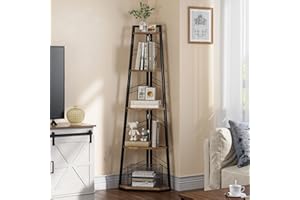 YITAHOME Corner Shelf 5 Tiers, Industrial Bookshelf Modern Floorstanding Corner Bookcase Ladder Shelf Wooden Open Display Shelving Unit for Living Room, Hallway, Home Office, Rustic Brown Book shelf