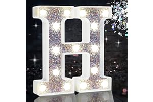 HEYCOLOR LED Marquee Letter Lights, Light Up Silver Letters for Bedroom Glitter Gifts Teenage Girls Alphabet Sign Battery Powered Night Birthday Party Wedding Home Decoration, Silver H