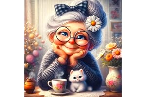 QINRUBB DIY 5D Vieille Dame Peinture Diamant Painting Kit, 5D Chaton Mignon Art du Diamant Complet Kits, Café Diamond Art Kits Point de Croix Painting pour Adultes Débutants Maison Décor 30x30 cm