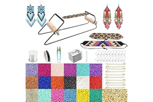 AOUXSEEM Frame Beading Loom Kit for Boho Beaded Bracelets Earrings Belts Making, Includes 16000 Glass Seed Beads(dia 3mm) and 1200 Gold/Silver Bling Beads,150 Meter Clear Cord, Beading Trays, Needles and Instr